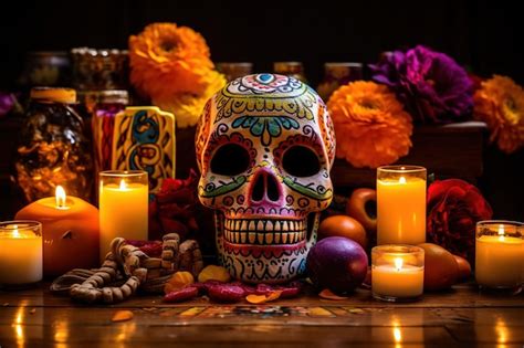 Premium AI Image | Day of the Dead Altar with sugar skulls and candles