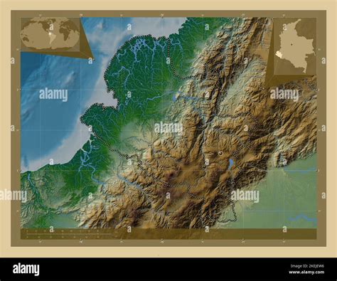 Narino, department of Colombia. Colored elevation map with lakes and ...