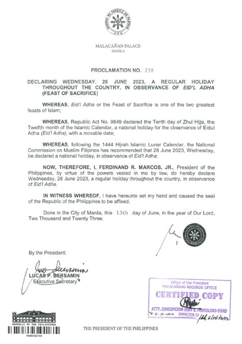 Proclamation No. 258: Declaring Wednesday, 28 June 2023, a regular ...