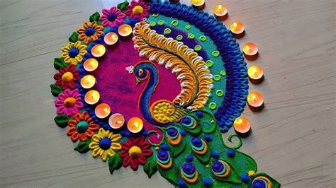 Peacock rangoli designs 2020/satisfying sand art video | Big rangoli ...