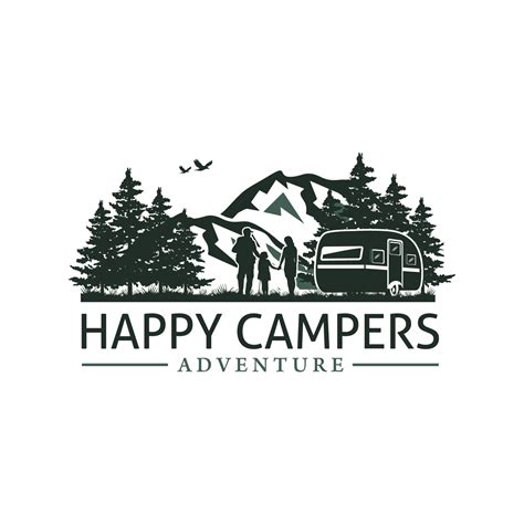 Camping logo with trailer camp, mountain, and pine tree, used for ...