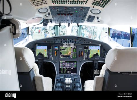 PARIS, FRANCE - JUN 23, 2017: Modern glass cockpit of the Dassault ...