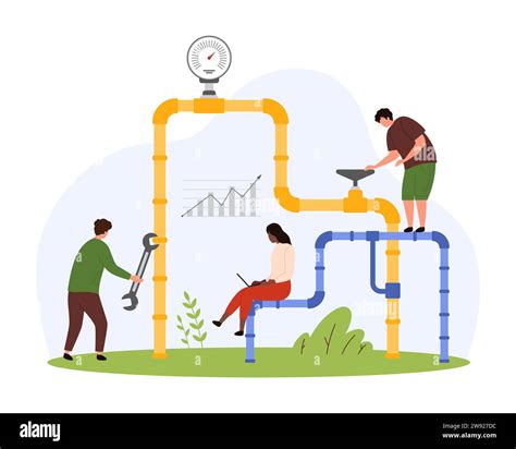 Gas and oil pipeline safety inspection. Tiny people control flow of ...