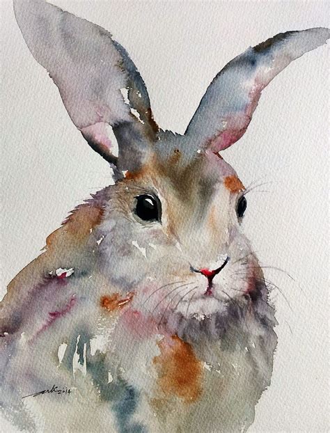 a watercolor painting of a brown and white rabbit