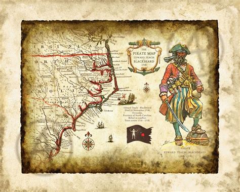 Pirate Blackbeard Portrait Art Decor of North Carolina Map - Etsy