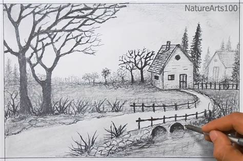 Drawing of Nature, Sketches for beginners, pencil art easy, village ...