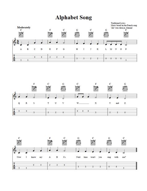 Alphabet Song - Easy Guitar Sheet Music and Tab with Chords and Lyrics