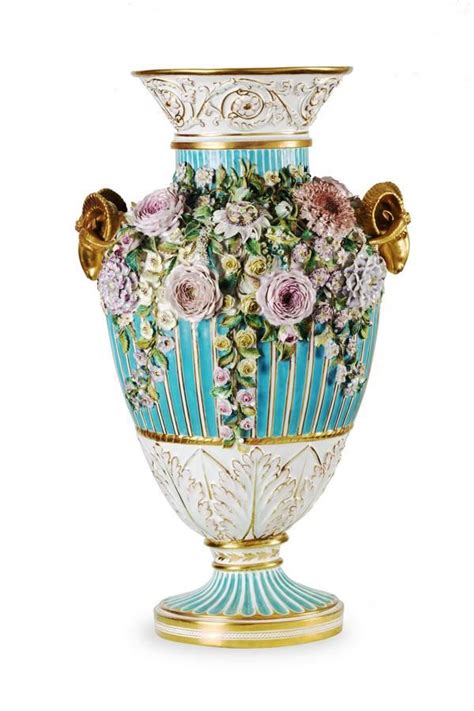 Turquoise Dresden Porcelain Vase with Floral Relief and Gilt Rams ...