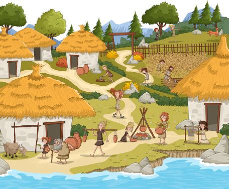 Group Of Cartoon Neolithic People Working Stock Illustration - Download ...