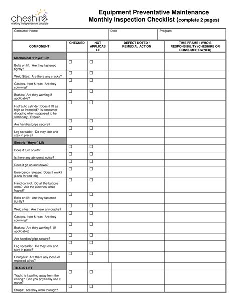 Printable Equipment Inspection Checklist Template - Printable Templates