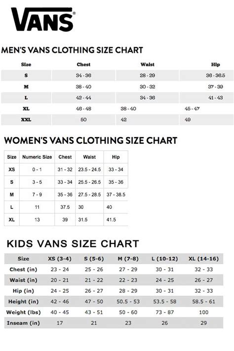 Van's Size Chart — Winnipeg Outfitters