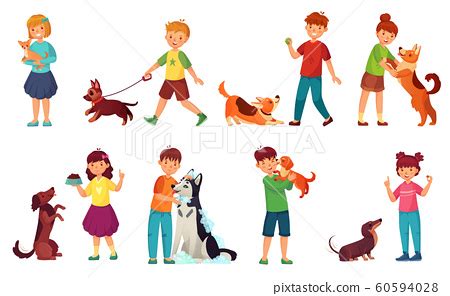 Kids playing with dogs. Child feeding dog, pet... - Stock Illustration ...