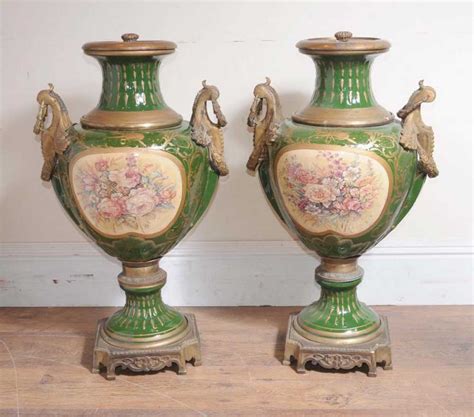 Pair Large German Dresden Porcelain Floral Urns Vases