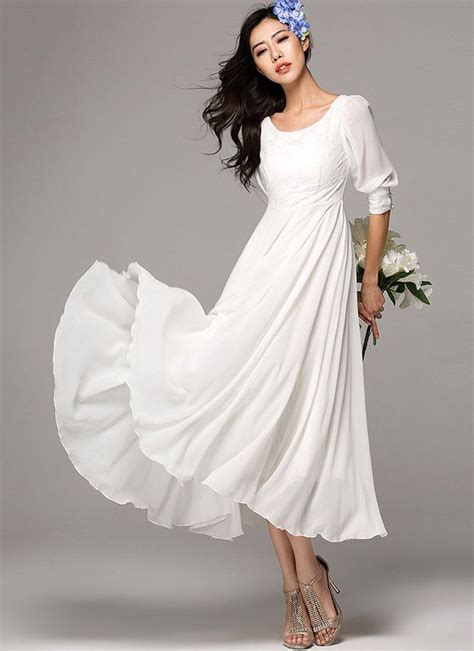 Half Sleeve White Maxi Dress with Lace Details on the Front Bodice and Cuff