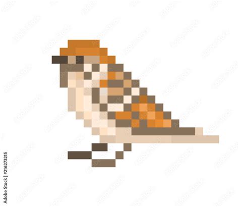 Pixel art sparrow isolated on white background. 8 bit little bird icon ...