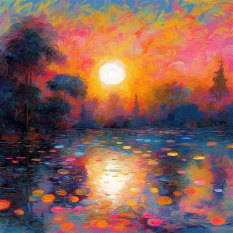 Premium AI Image | A painting of a sunset with the sun setting on the ...