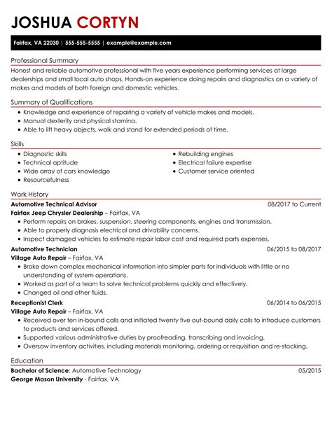 Automotive Technician Resume Examples | Mechanics | LiveCareer