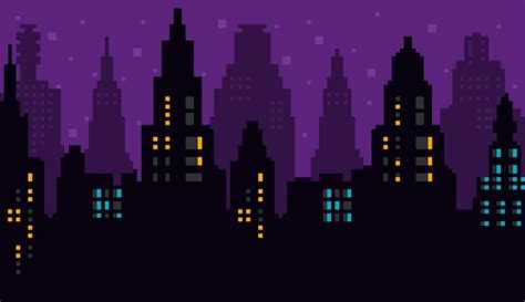 Premium Vector | Pixel art night city with landscape, sky, clouds, city ...