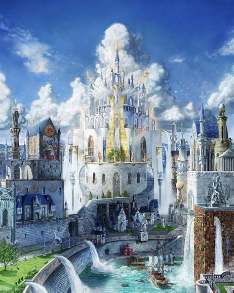 an artistic painting of a castle in the sky with water flowing from it ...