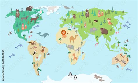 Animals world map for kids. Educational poster or game, for children ...