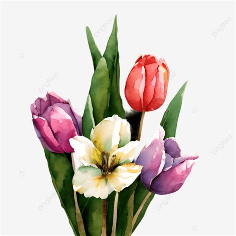 Romantic Tulip Bouquet Watercolor Design, Fine Artwork, Stem ...