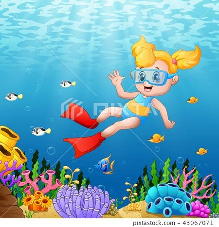 Cartoon girl swimming underwater with fish - Stock Illustration ...