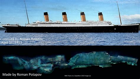 A colorized photograph of Titanic, alongside a computer rendering of ...