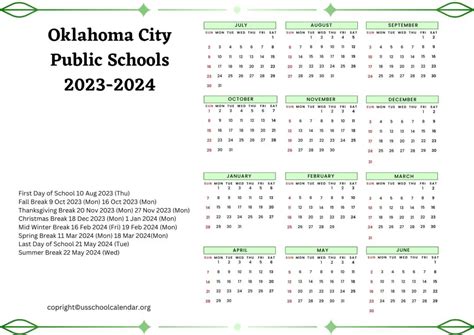 Oklahoma City Public Schools Calendar with Holidays 2023-2024