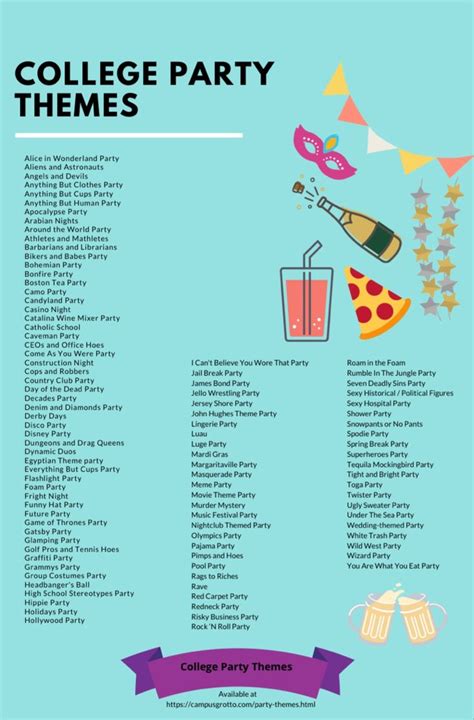 a college party menu with drinks and decorations