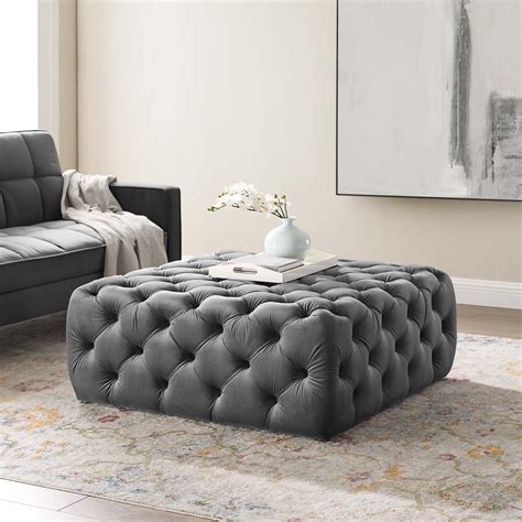 Anthem Tufted Button Large Square Performance Velvet Ottoman in Gray ...