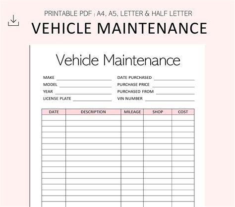 Vehicle Maintenance Log Vehicle Service Tracker Vehicle - Etsy UK