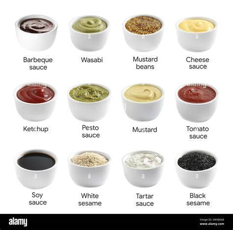 Set of different delicious sauces and condiments with names on white ...