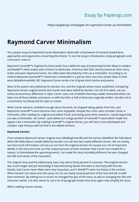 Raymond Carver Minimalism Free Essay Example