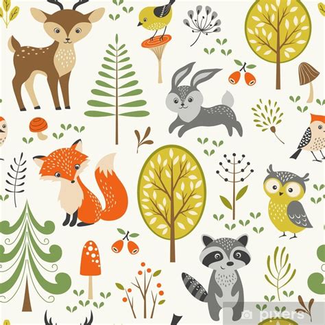 Wall Mural Seamless summer forest pattern with cute woodland animals ...