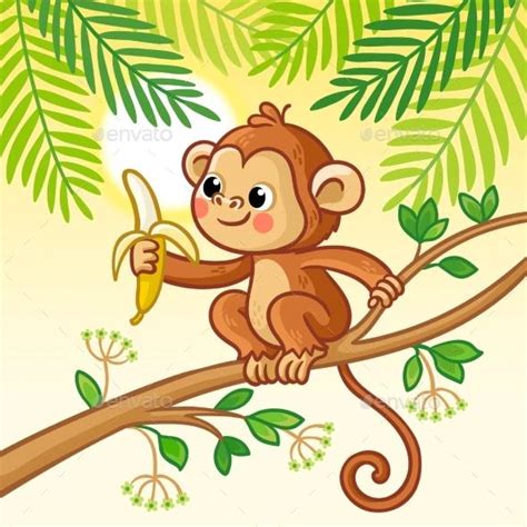 Monkey Sits on a Tree and Eats a Banana | Cartoon monkey, Art drawings ...