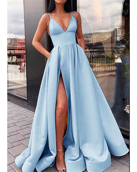 Elegant A Line Satin Baby Blue Prom Dress 2022 with Straps Ball Dress ...