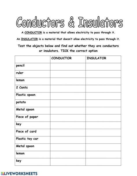 Conductors And Insulators Worksheet | Science worksheets, Insulators ...