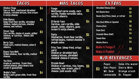 Menu at Tacos Fuego pub & bar, Pueblo