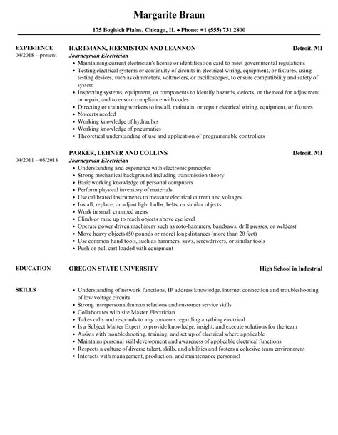 Journeyman Electrician Resume Samples | Velvet Jobs