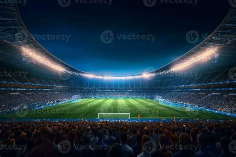 Digital Football or soccer stadium at night with crowd of fans. 3D ...