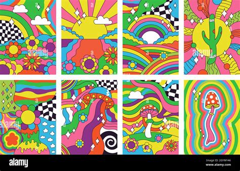 Groovy retro vibes, 70s hippie style psychedelic art posters. Abstract ...