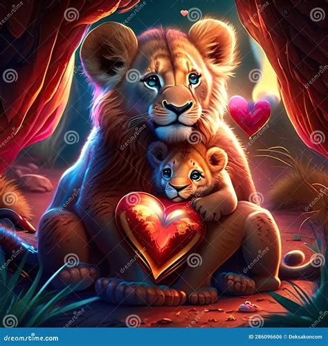 Lion Cubs Hugging Heart Lion and Lion Cub in Love. Valentine S Day Card ...