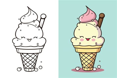 Cute Ice Cream Cartoon line art vector Icon illustration, Food drink ...