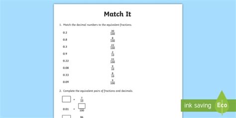 Decimal Equivalent for Tenths and Hundredths Worksheet / Worksheet