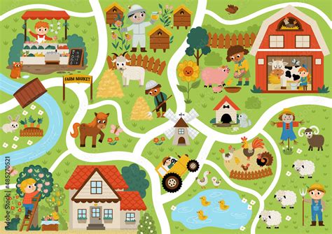 Farm village map. Country life background. Vector rural area scenes ...