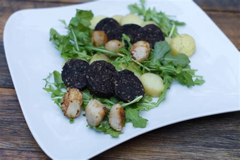 Scallops and Black Pudding with Rocket and New Potatoes and a Pesto ...