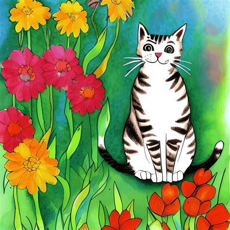 Cat in a Flower Garden Digital Graphic · Creative Fabrica