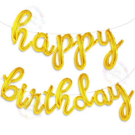 Buy Gold Happy Birthday Balloons Banner | Script/Cursive Gold Letter ...