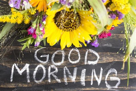 Words Good Morning with Summer Flowers on a Rustic Wooden Backgr Stock ...