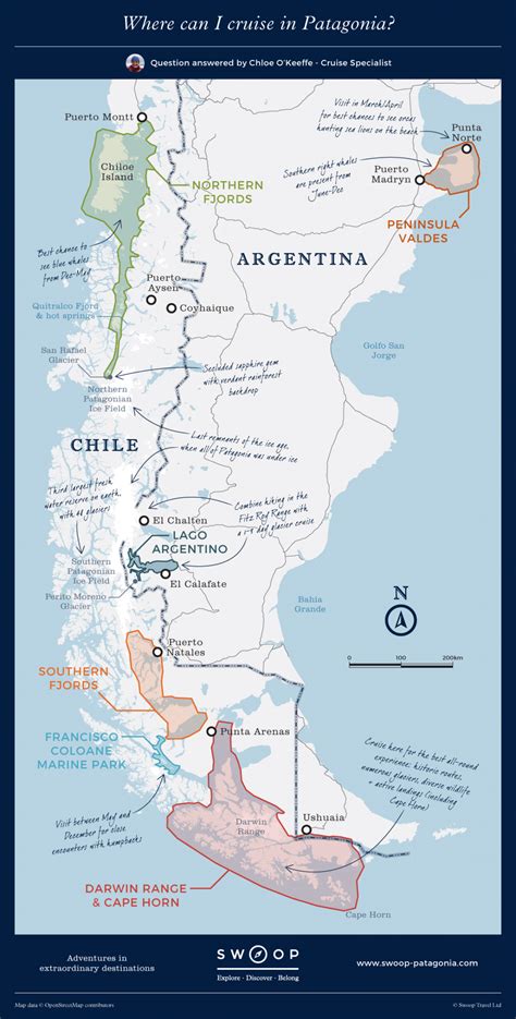 Map showing where you can cruise in Patagonia. Access areas of ...